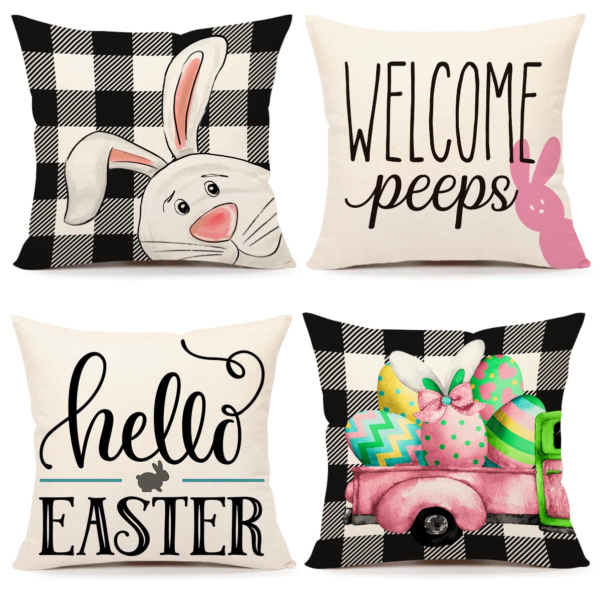 4TH Emotion Easter Pillow Covers 18x18 Set of 4 Easter Decorations for Spring Farmhouse Pillows Easter Decorative Throw Pillows Buffalo Plaid Bunny Eggs Throw Cushion Case for Home Decor TH086-18