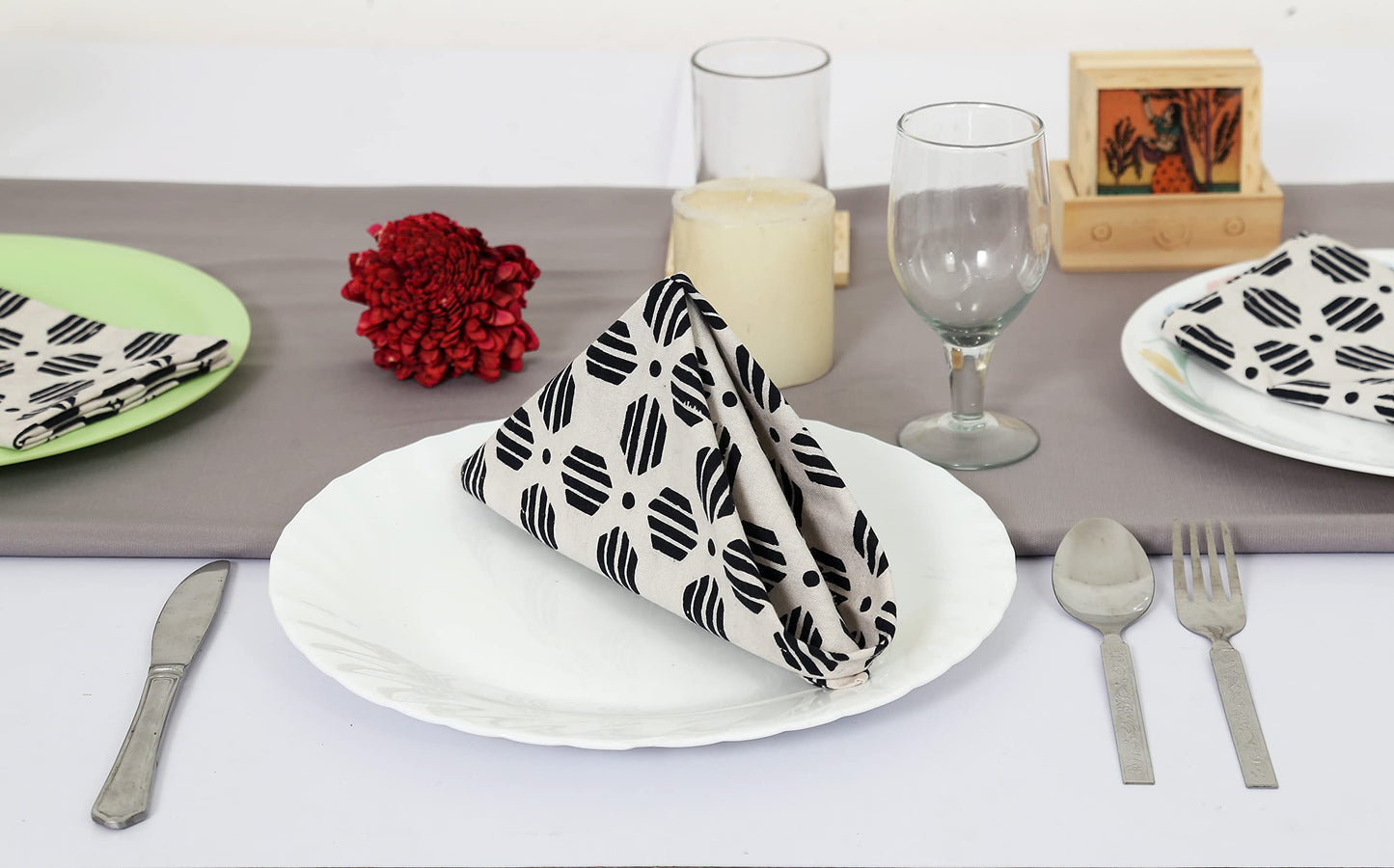 Taran Geometric Beige Print Cotton Dinner Napkins Set of 12 | 18x18 Inches | 100% Natural, Reusable Linens for Dinner, Events, Weddings