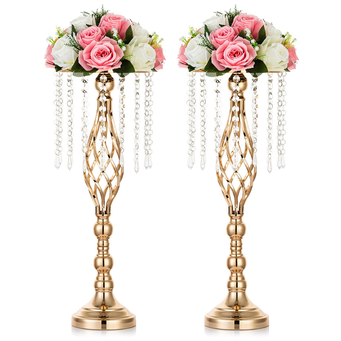 Nuptio 2 Pcs Crystal Flower Stand Wedding Centerpieces for Tables, 21.7in/55cm Tall Elegant Metal Flower Arrangement Stand, Tabletop Metal Flower Vase for Wedding Party Dinner Event Hotel Home Decor