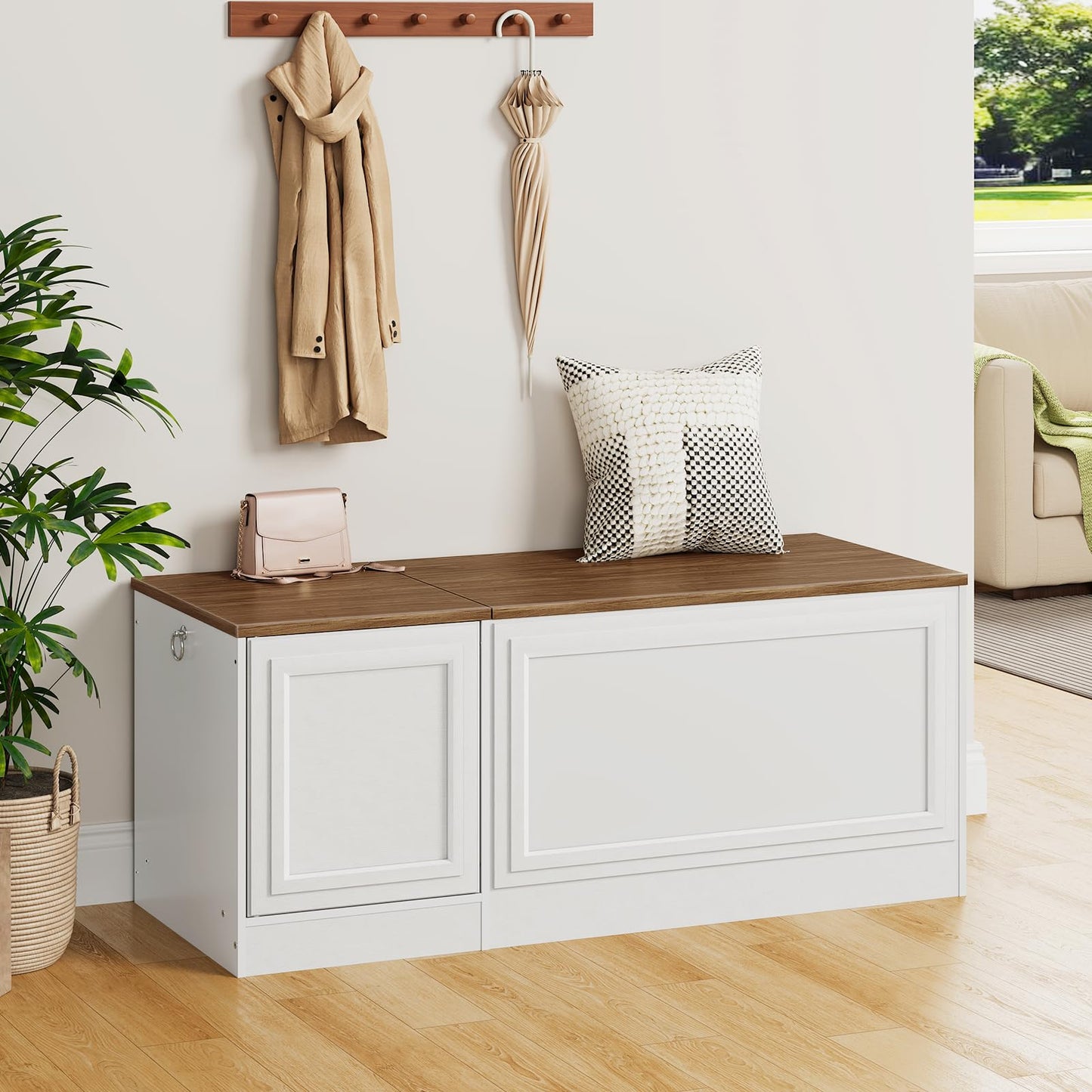HOOBRO Storage Bench, 47.2" Wooden Toy Box, Toy Chest with Safety Hinge, Farmhouse-Style Storage Chest, Entryway Bench, for Living Room, Bedroom, Hallway, White and Walnut WH54CW01