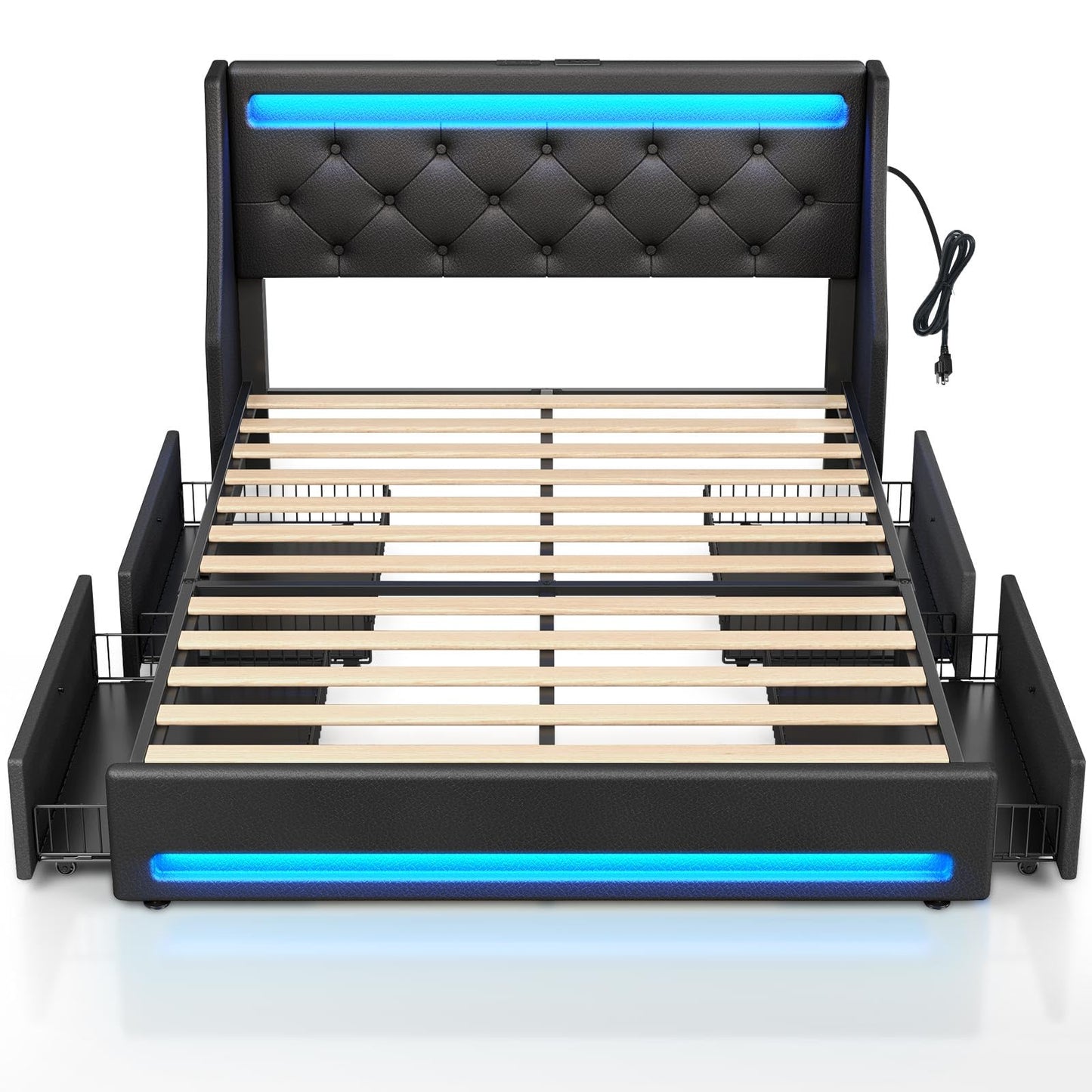 Rolanstar Queen Bed Frame with LED Lights and Charging Station, PU Leather Bed with Drawers, Wooden Slats, Noise Free, Easy Assembly, Black