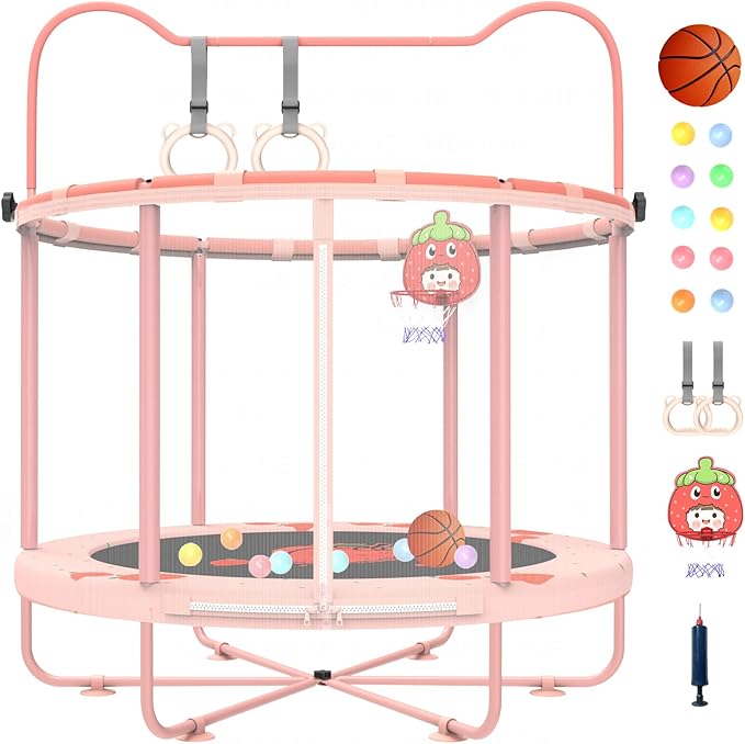 Gardenature 60" Kids Trampoline Indoor, 5ft Toddler Mini Trampoline with Basketball Hoop, Gymnastics Bar, Rings, Christmas Toys Birthday Gifts for Girls Boys Age 3-8