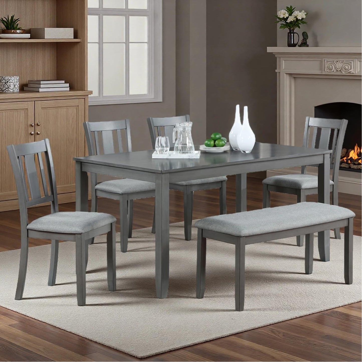 Trygoal Dining Table Set for 6, 6-Piece Kitchen Table Chairs Set with Rectangular Table, 4 Slatted Upholstered Chairs and Bench, Wooden Farmhouse Rustic Style Kitchen Dining Set for 6 Person, Gray
