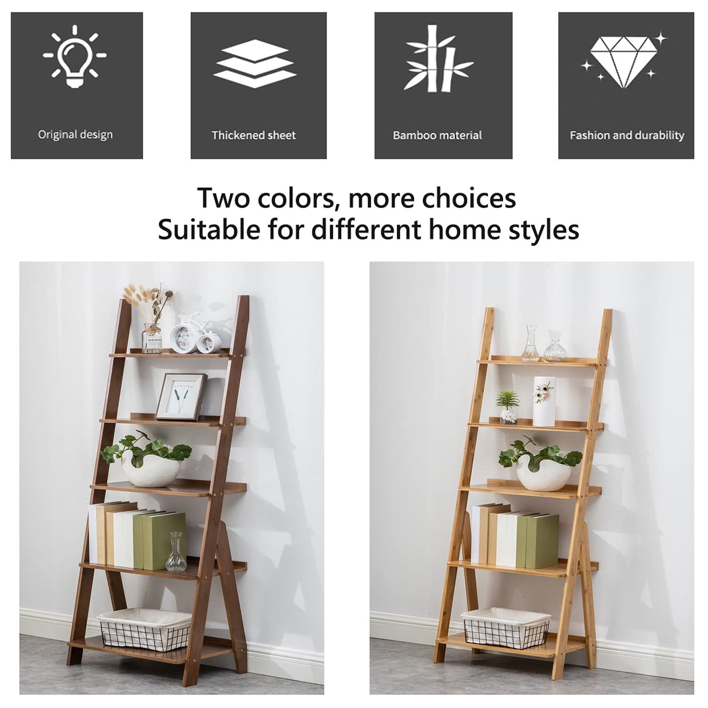 SOBIBO Ladder Shelf Bookshelf, 5-Tier Leaning Shelf, Free Standing Organizer Storage Shelves, Storage Rack Shelf for Office, Living Room, Nature