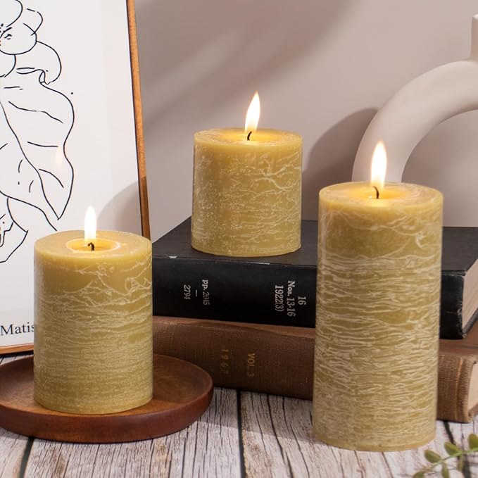 KONNI Wax Yellow Pillar Candles Set of 3, 3"x 3" Unscented Pillar Candles Bulk, 30 Hours Long Burning Candles, Smokeless&Dripless Large Round Candle for Wedding, Home Decoration, Parties, Spas, Dinner