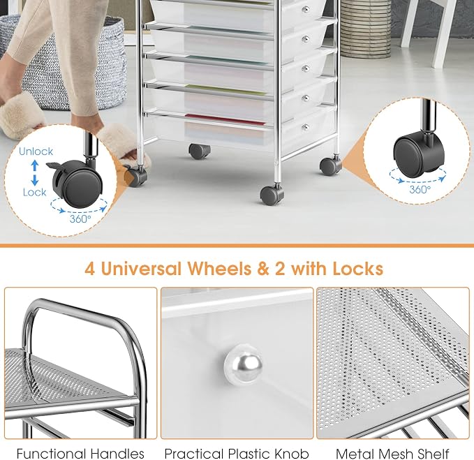 MEDIMALL 10 Drawers Rolling Storage Cart, Multipurpose Craft Storage Cart with Wheels, Mobile Tools Scrapbook Paper Organizer Cart for Office School Home Use (Clear)