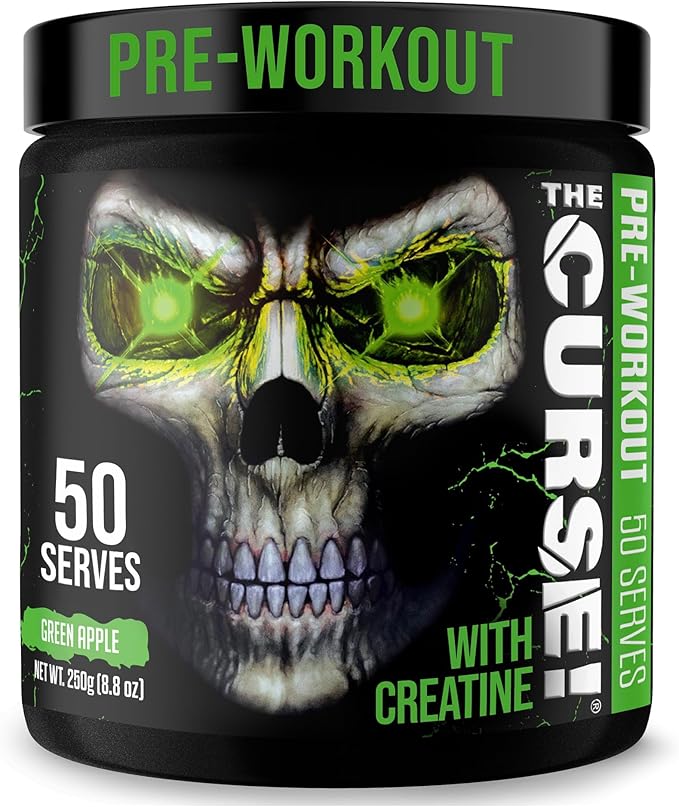 JNX SPORTS The Curse! Pre Workout Powder for Men & Women, Caffeine, Beta-Alanine, Creatine, L-Citrulline, 50 Servings, Green Apple Flavor ??Boost Energy, Strength & Focus