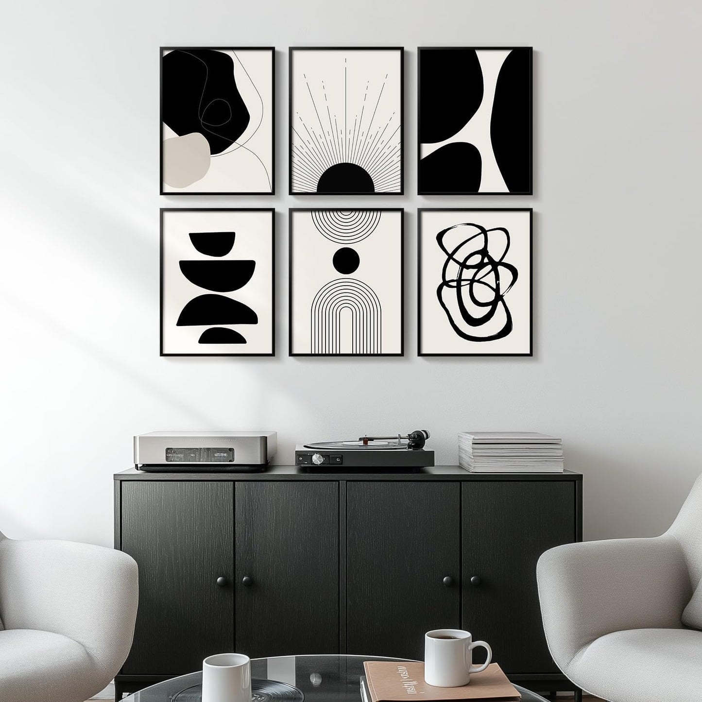 Framed Boho Black and White Abstract Wall Art, Set of 6 Modern Canvas Prints Paintings Artwork for Walls, Minimalist Geometric Pictures for Living Room Bedroom Office Bathroom Wall Decor 11x14 Inch