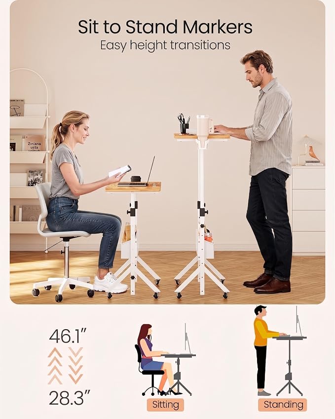 ErGear Mobile Standing Desk with Wheels, Adjustable Height 28.3″ to 46.1″, Rolling Laptop Cart with Cup Holder, Storage Basket, Computer & Pen Slot, Home Office Stand Up Desk, Light Vintage Brown