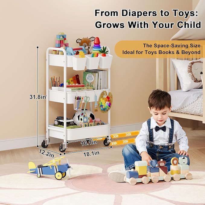 Diaper Cart Organizer with Wheels, 3 Tier Rolling Bedside Cart for Baby Essentials, Baby Organizers and Storage Diaper Caddy Carts for Changing Table, Crib, Bedroom, Newborn Nursery Supplies, White