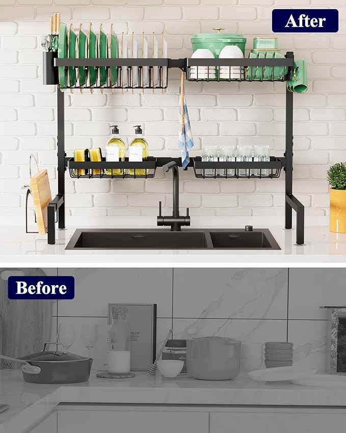 Kitsure Over The Sink Dish Drying Rack - 26.8" to 33.9"x21.5", Adjustable Sink Drying Rack for Kitchen Sink with Large Capacity, 2-Tier Dish Rack Over Sink with Multifunctional Baskets, Black
