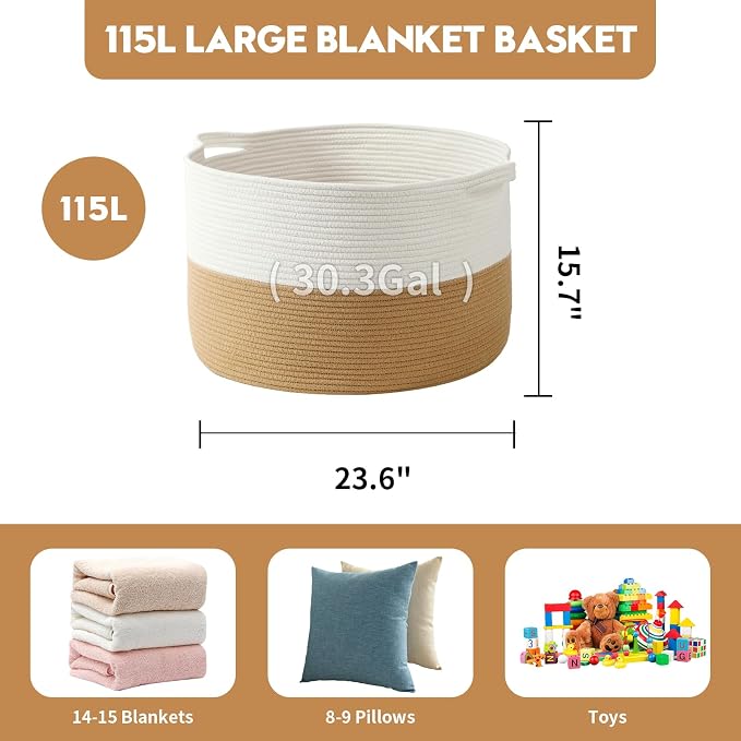 Foldable Laundry Hamper Basket with Collapsible Handle Cotton Rope Soft Woven Fabric Storage Organizer Clothes Toys Nursery Bedroom Dorm Space Saving Bin (White & Camel, 115L(23.6"D x 15.7"H))