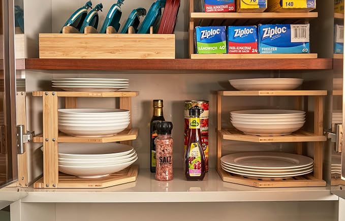 Umilife Plate Organizer for Cabinet, Extra Tall Bamboo Corner Shelf, Dish & Bread Organizer, Spice Rack, Kitchen Bathroom Countertop Storage Organization Space Saver