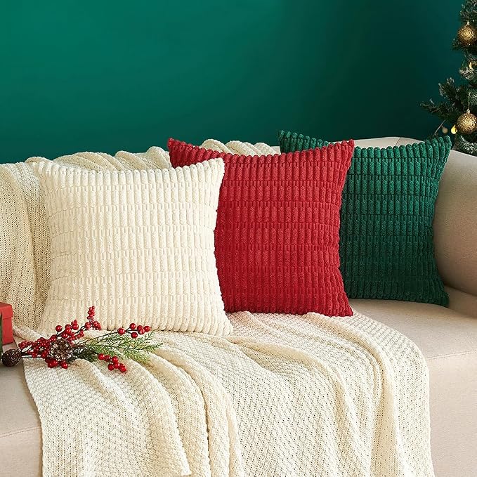 MIULEE Pack of 4 Corduroy Decorative Throw Pillow Covers 18x18 Inch Soft Boho Striped Pillow Covers Modern Farmhouse Home Decor for Sofa Living Room Couch Bed Cream White
