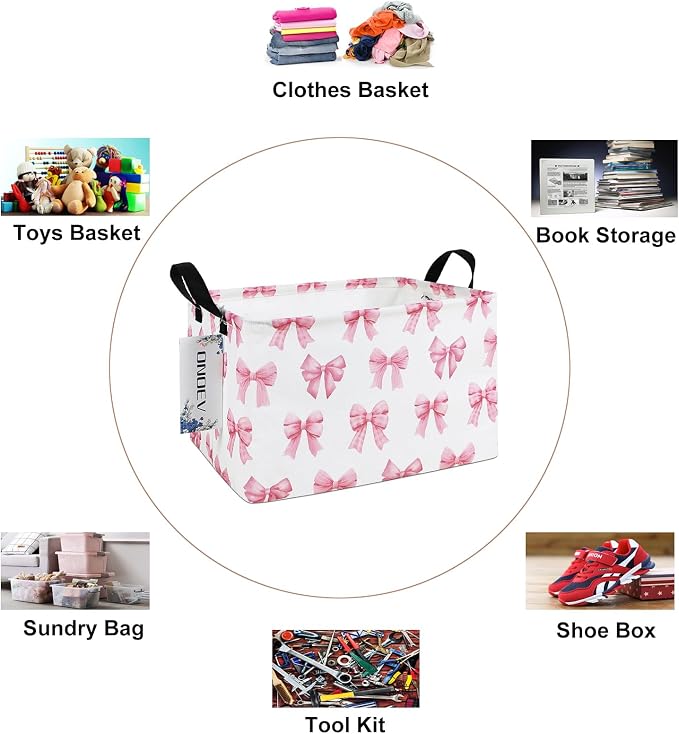 Rectangular Pink Bow Storage Basket,Collapsible Storage Bin for Nursery,Cute Bow Toy Storage Organizer for Kids Girls,for Home,Bedroom,Playroom,Closet,New Parent Gift(Pink Knot)