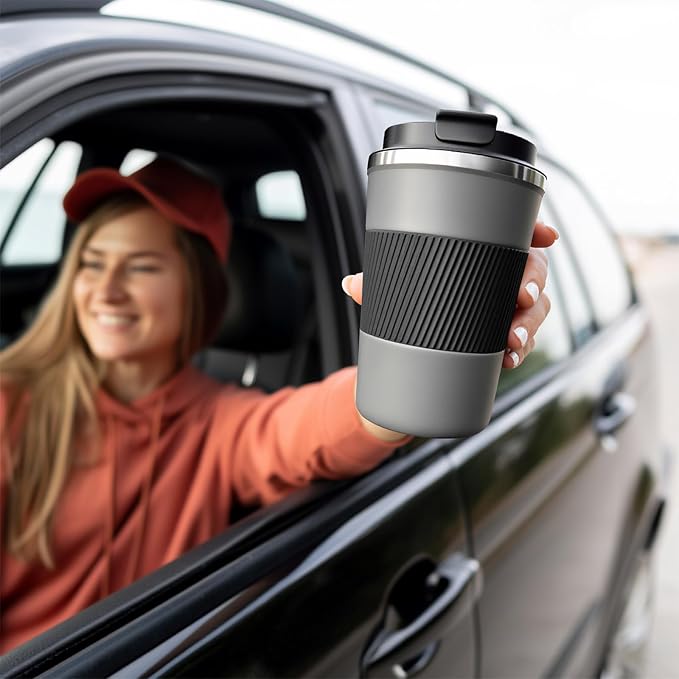 YINBAOGE Insulated Travel Coffee Mug, Spill & Leak Proof, Portable To Go Camping Stainless Steel Coffee Tumbler, Reusable Thermal Coffee Cup with Lid for Hot & Cold Drinks (Grey, 17 OZ)