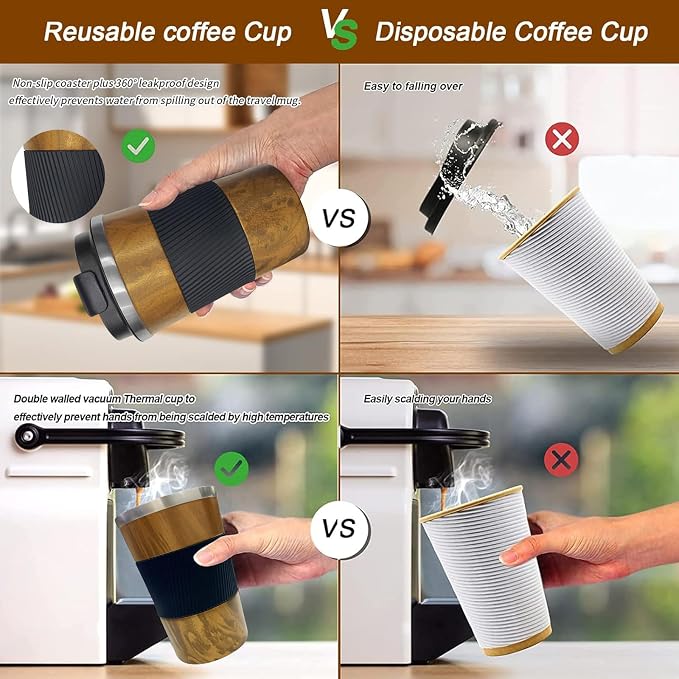 YINBAOGE Insulated Travel Coffee Mug, Spill & Leak Proof, Portable To Go Camping Stainless Steel Coffee Tumbler, Reusable Thermal Coffee Cup with Lid for Hot & Cold Drinks (Wood Grain, 12 OZ)