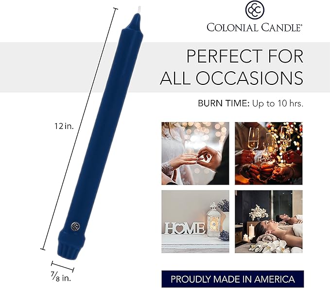 Colonial Candle Unscented Taper Candle, Classic Collection, Indigo, 12 In, Pack of 12 - Up to 10 Hours Burn