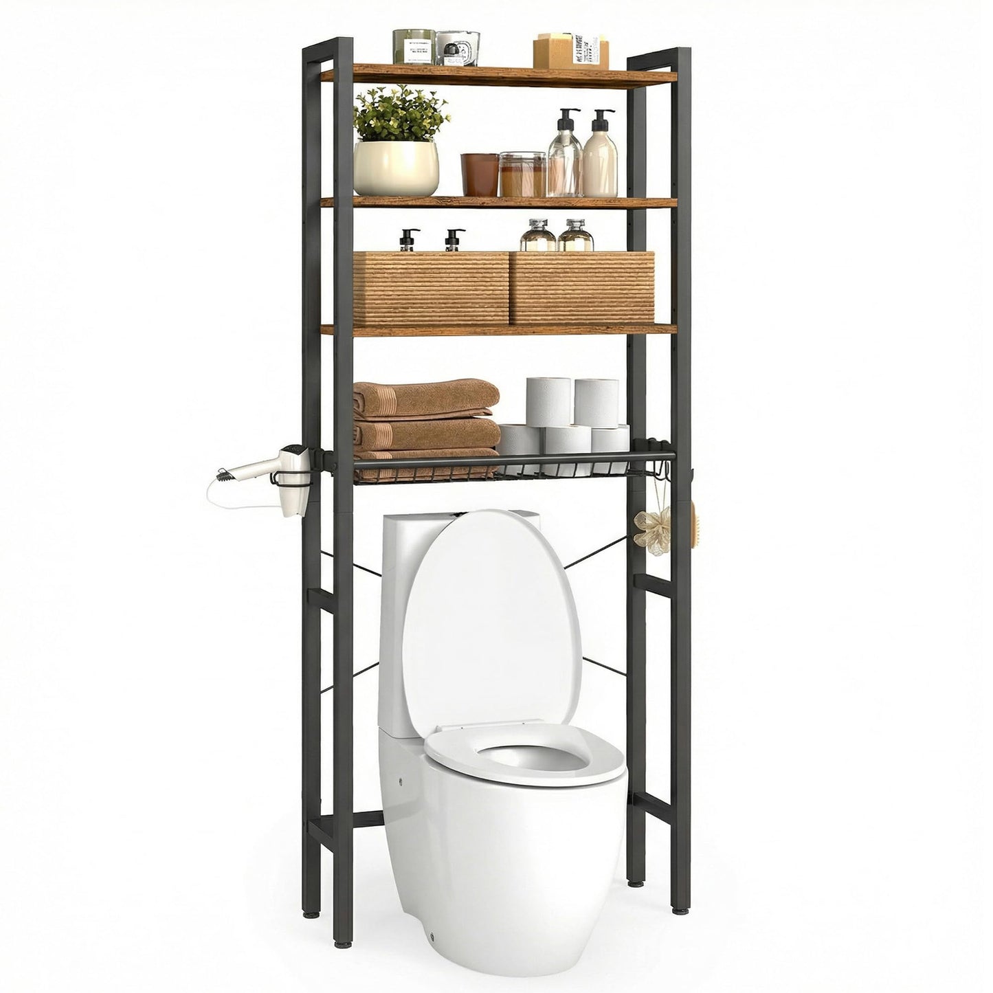 VASAGLE Over the Toilet Storage, Over Toilet Bathroom Organizer with Adjustable Shelves and Basket, 3 Hooks, Space Saving, 9.4 x 23.6 x 68.1 Inches, Rustic Brown UBTS114KD01S