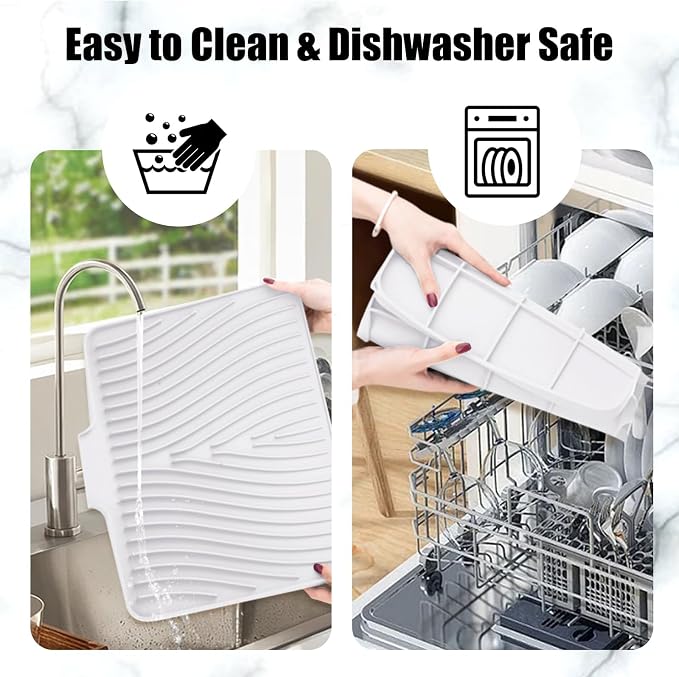 TIKNIK Silicone Dish Drying Mat for Kitchen Counter - Heat Resistant & Non-Slip Dish Drain Pad with Built-In Drain, Dishwasher Safe, Quick-Dry, Hangable & Roll-Up for Storage, White-1pcs, 16" x 12"