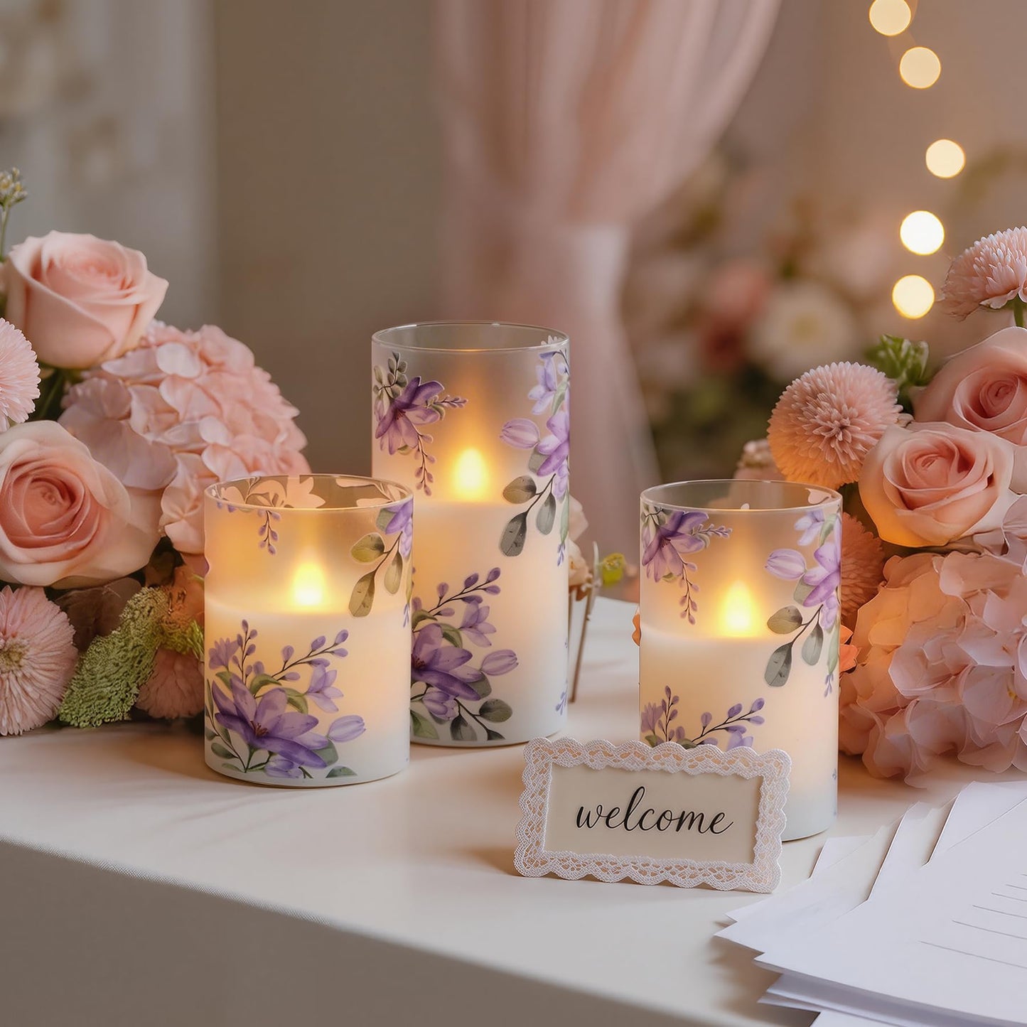 Wroxipel Pack of 3 Flameless Daily Timer Flickering Real Wax Pillar Candles, 3" x 4" 5" 6" LED Battery Operated Purple Flowers Glass Warm Light with Remote Control