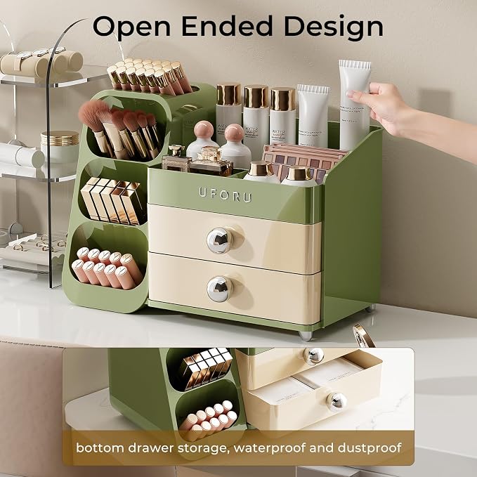 UFORU Makeup Organizer for Vanity with Brush Holder, Large Capacity Bathroom Countertop Skincare Organizer with 2 Drawers, Cosmetic Display Case for Perfumes, Eyeshadow Palettes, Nail Polishes