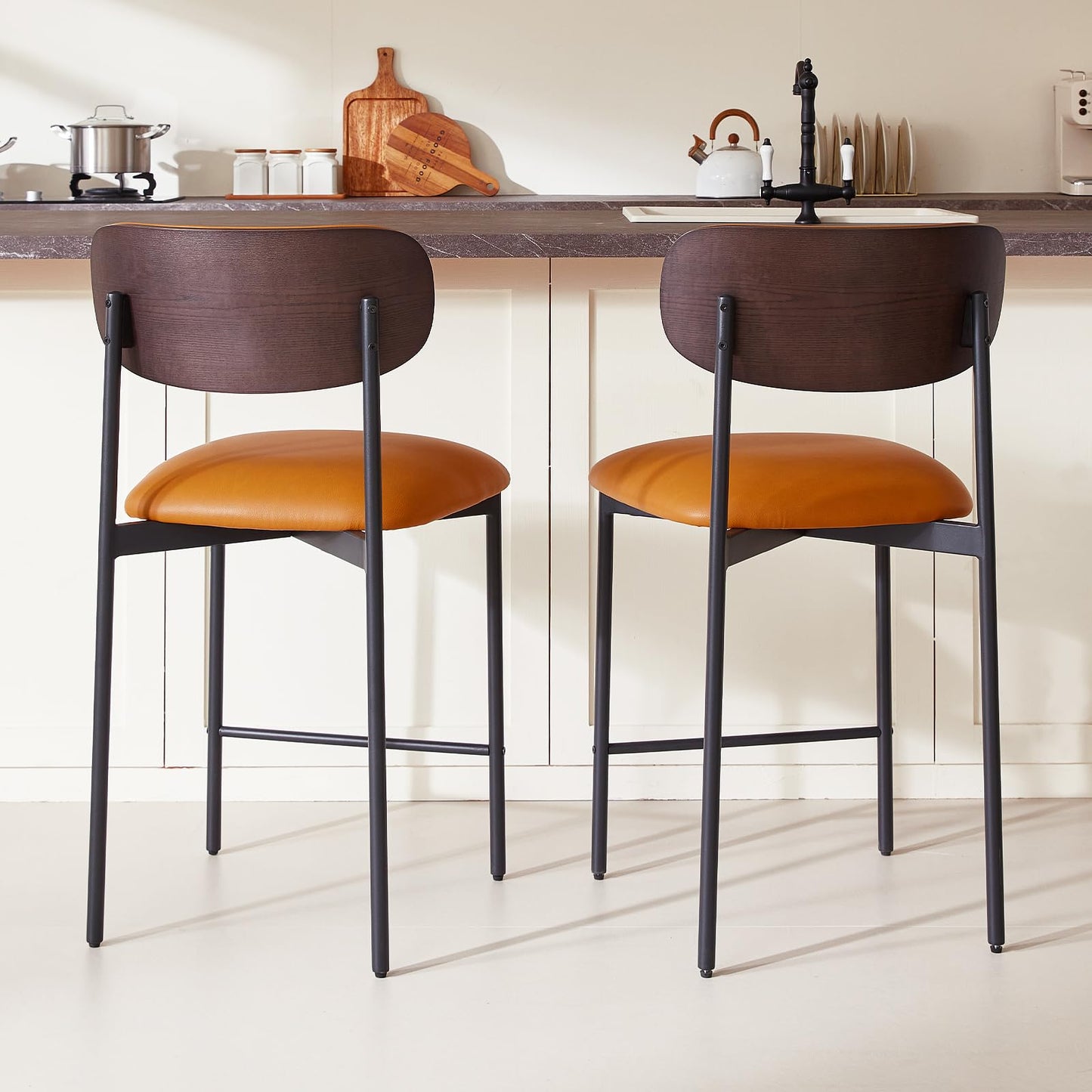 GrandNoor Modern Bar Stools Set of 2, 24 Inch Upholstered Brown Faux Leather Counter Height Stools with Curved Backrest & Metal Legs, Wood Grain Back Bar Chairs for Kitchen Island