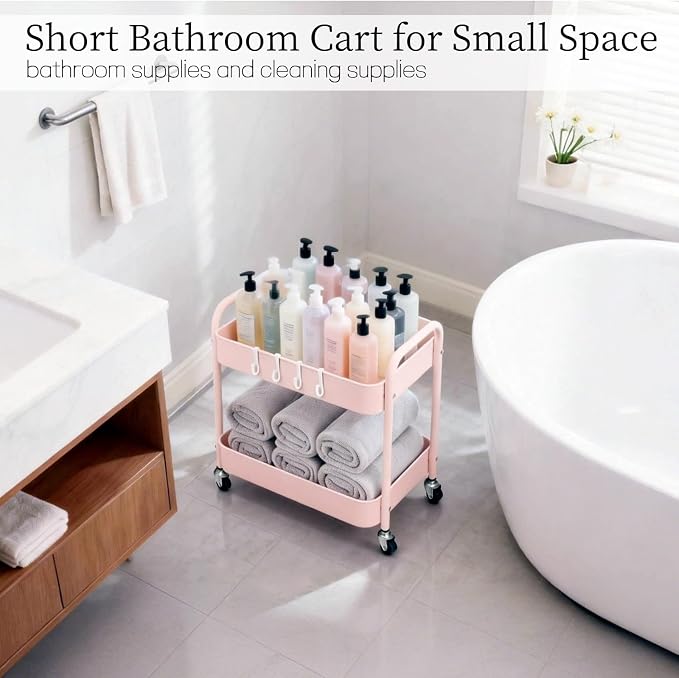 Pink 2 Tier Rolling Cart Metal with Wheels Under Desk Storage Cart for Small Space Organization, Small Trolley for Pantry Room Laundry Bathroom Kitchen Office Art Snack Baby Supplies