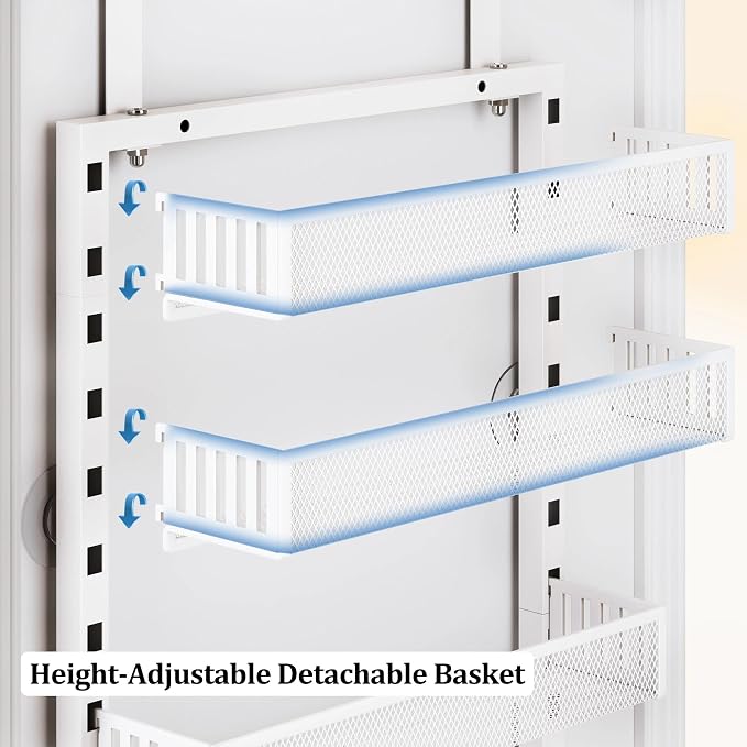 Over the Door Pantry Organizer, 8-Tier Over the Door Spice Rack with Adjustable Baskets, Wall-Mounted or Hanging Shelves for Kitchen, Laundry Room, Bathroom(White, 16.65"W x 5.2"D x 72.6"H)