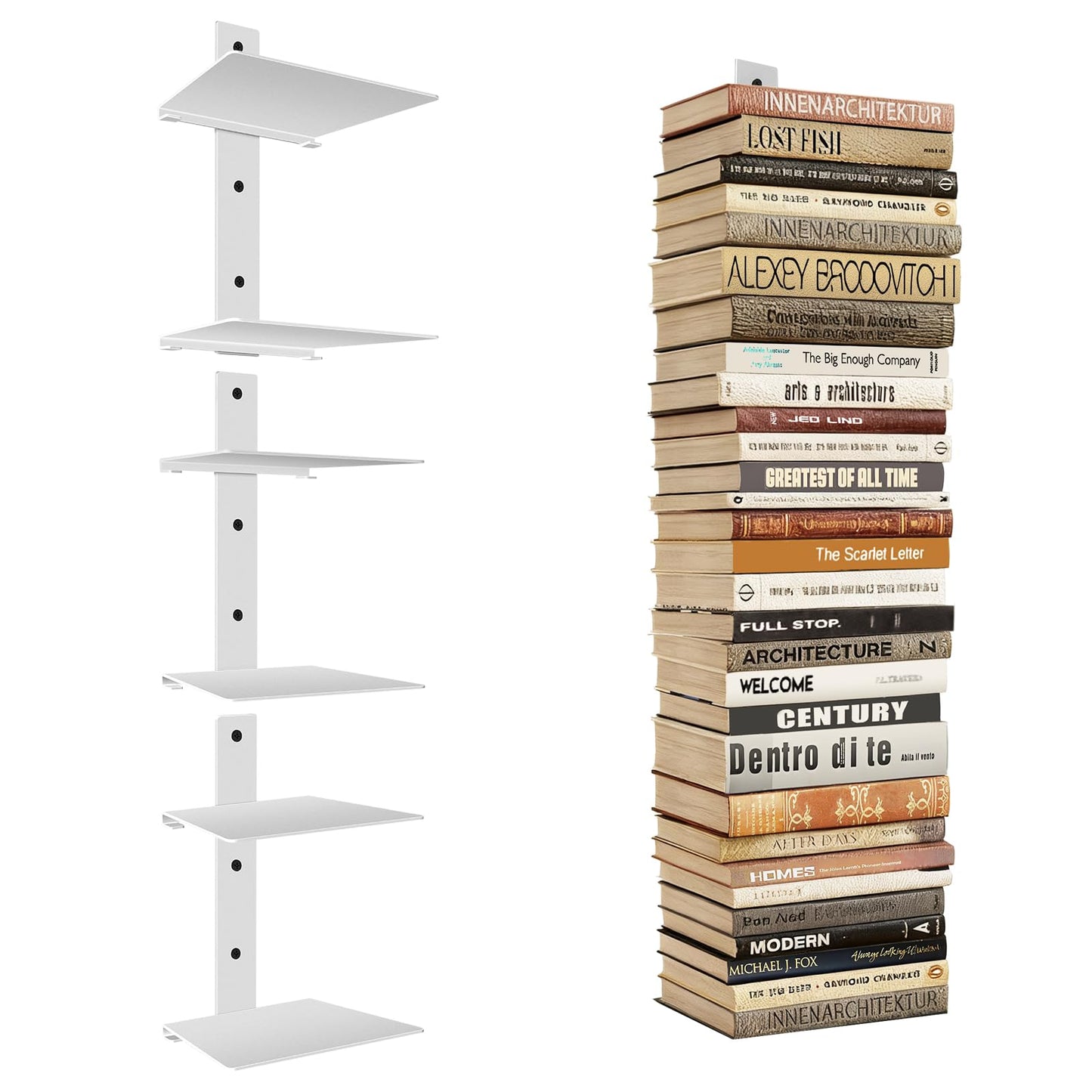 Professional Invisible Floating Book Shelves for Wall, 6 Tier Vertical Spine Book Tower Hanging Bookshelves, Wall Mounted & Space Saving, Heavy Duty Metal Book Organizer for Home Office, 3 Pack White