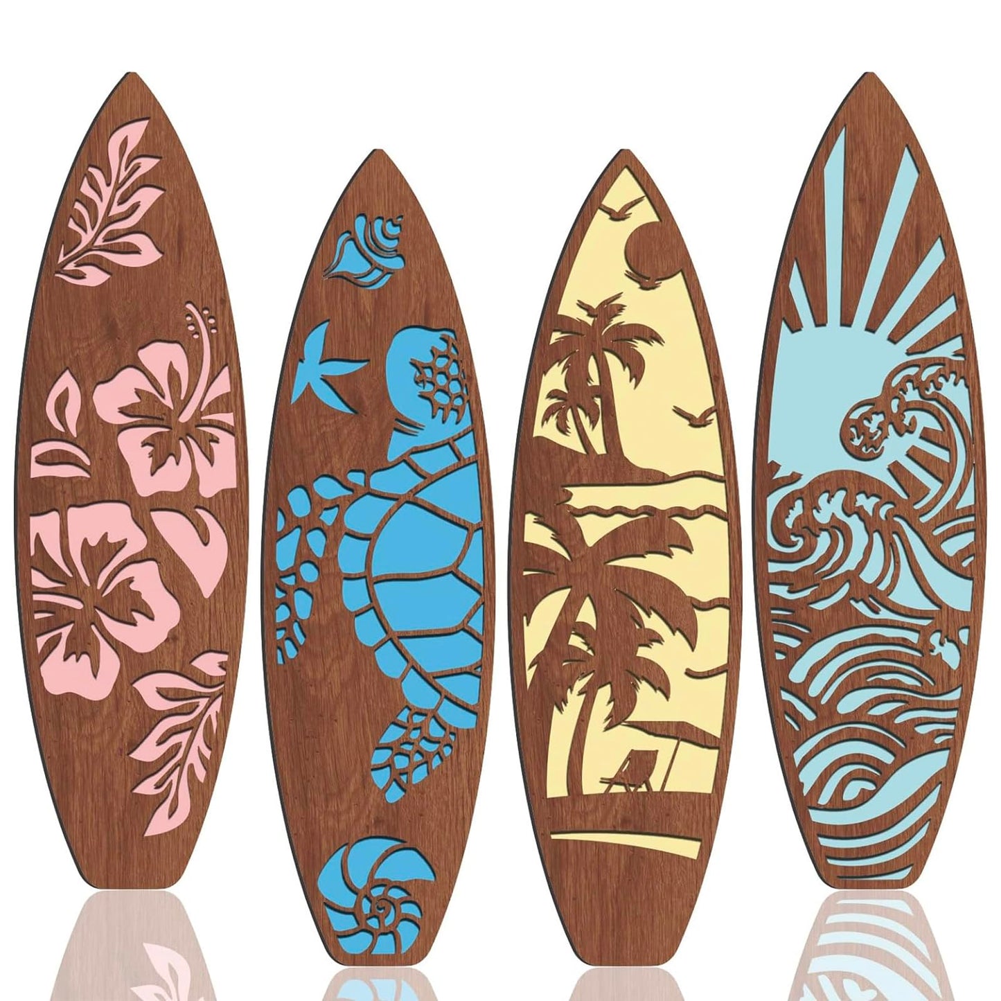 Lineshading 4 Pcs 23.6" x 6.7" Surfboard Wall Decor Large Surfboard Hanging Sign Summer Hawaiian Tropical Surf Boards Decor for Wall Room Bedroom Party Beach Art(Classic Style)
