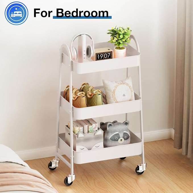 OLIXIS Metal 3 Tiers Utility Rolling Cart, Mobile Storage Shelf with Lockable Caster Wheels, Organization for Livingroom, Bathroom & Narrow Places, White