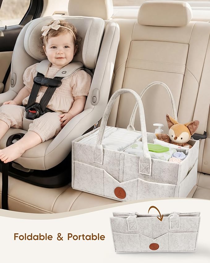 Maliton Diaper Caddy Organizer, Car Organizer with Handle, Felt Diaper Caddy for Baby Nursery Storage, Changing Table Organizer for Baby Stuff, 16" x 10" x 7" Baby Shower Gifts for Newborn (White)