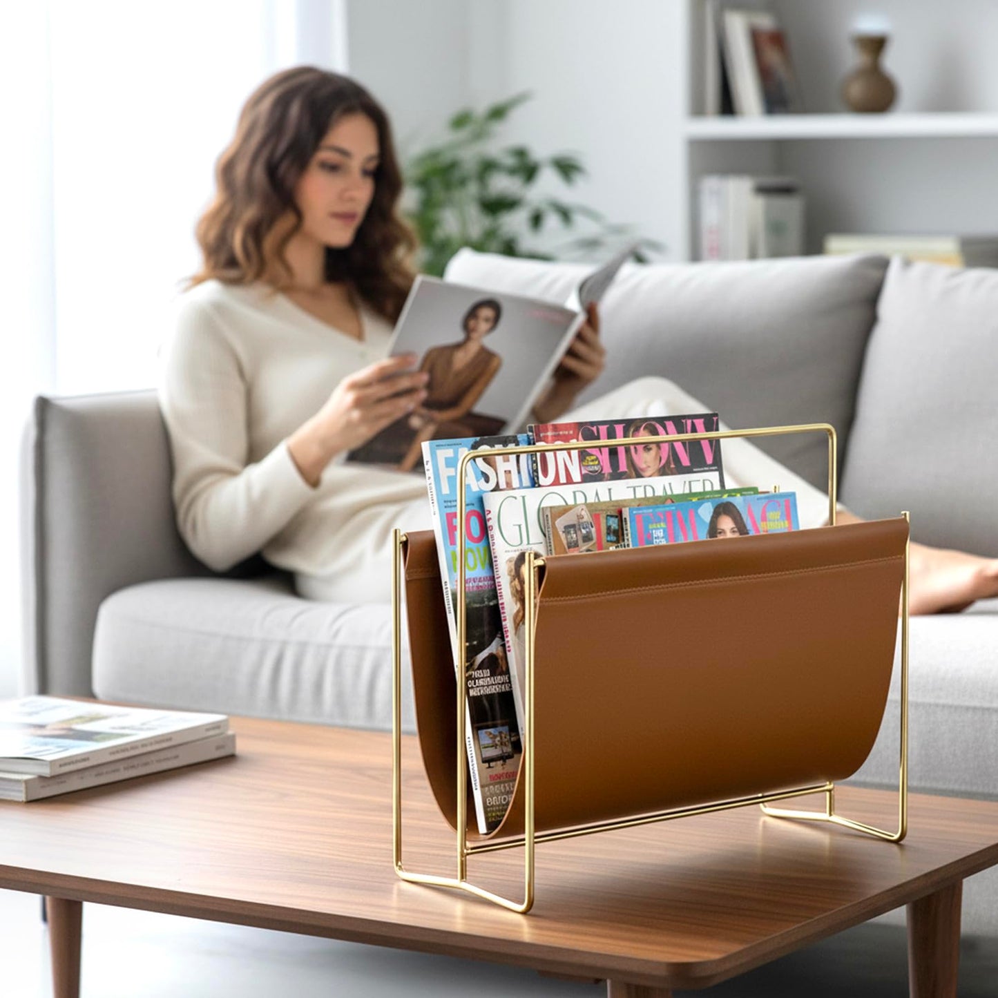 MyGift Magazine Holder Magazine Rack Floor 15-Inch Modern Brown Leatherette & Brass Plated Metal Floor Standing Faux Leather Sling Style Newspaper Rack for Home, Bathroom, Office Decor