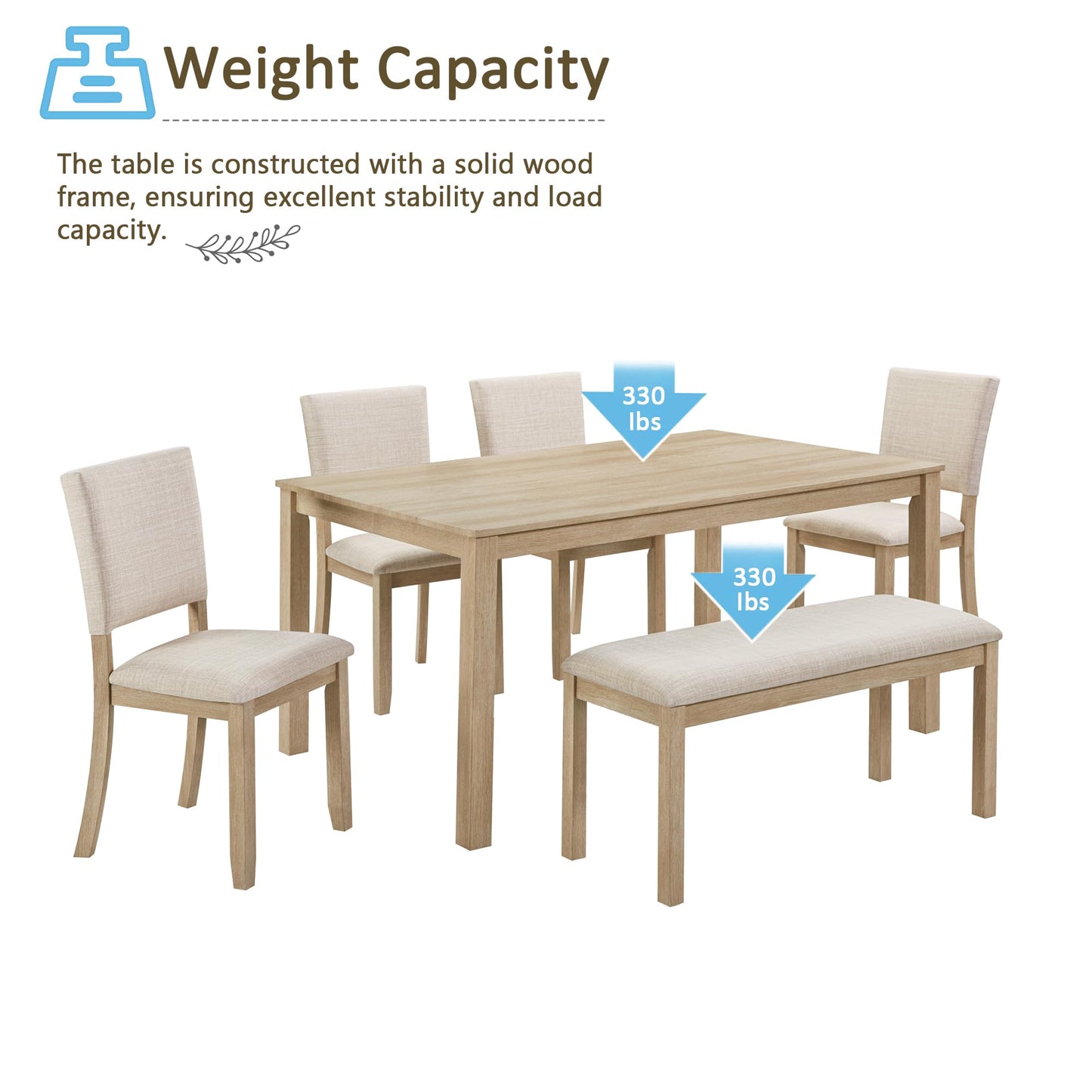 KEIKI 6-Piece Standard Height Dining Table Set with Rectangular Table, 4 Upholstered Chair, Bench, for 6 Person, Modern Style Wooden Table Set, Easy Assembly, for Kitchen, Dining Room, Light Oak