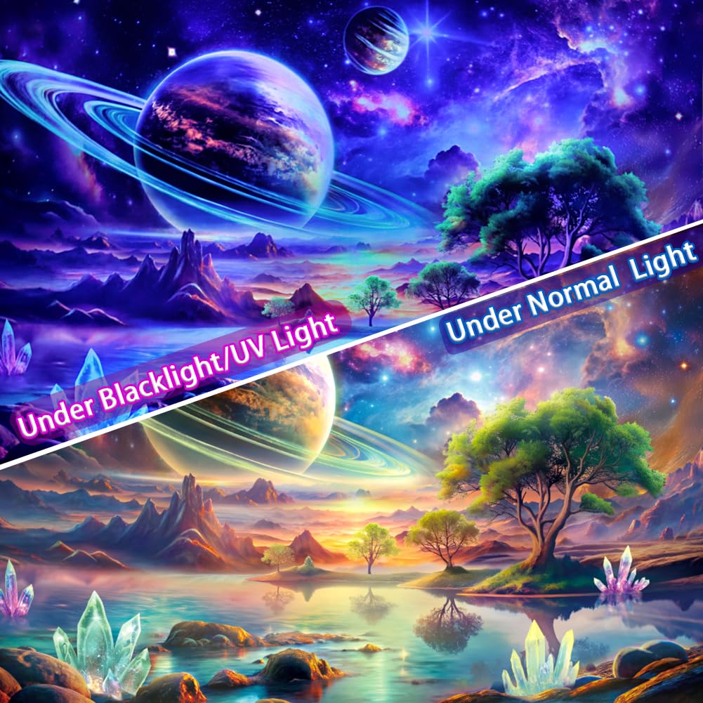 Blacklight Galaxy Space Tapestry UV Reactive Planet Wall Hanging Magical Trees Tapestries Cosmic Mountain Landscape Wall Decor Aesthetic Starry Night Backdrop for Bedroom