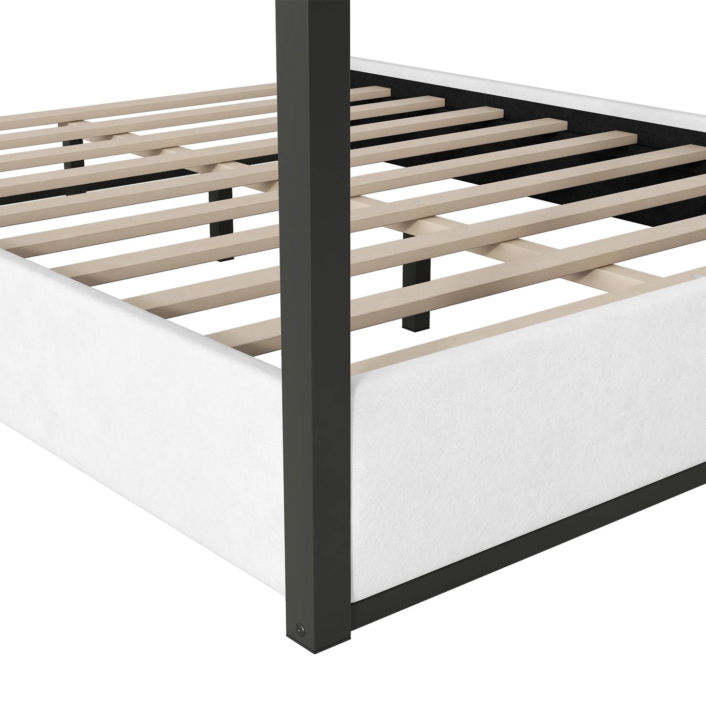 GDFStudio Queen Size Canopy Bed Frame with Upholstered Headboard, Metal Frame Platform Design, Four Poster Metal Frame Bed, Romantic Bedroom Decor, Modern Bedroom Furniture, Black White