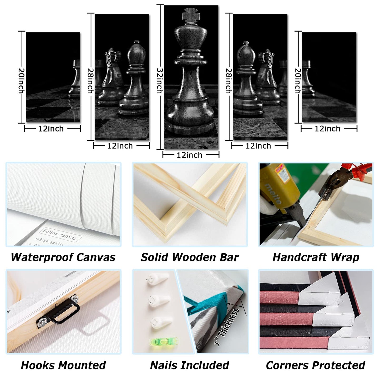 Conipit Chess Canvas Wall Art for Living Room Chess Board Wall Print Black King Knight Painting Chess Setup International Chess Picture Framed 5 Piece(total 60x32 inch)