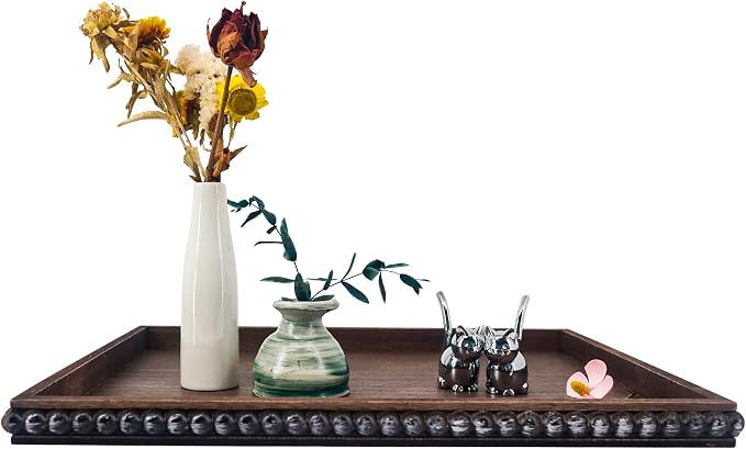 FramePro Decorative Tray 12x16 Rectangular Wood Beaded - Brown Serving Tray for Living Room, Coffee Table, Kitchen or Farmhouse Display