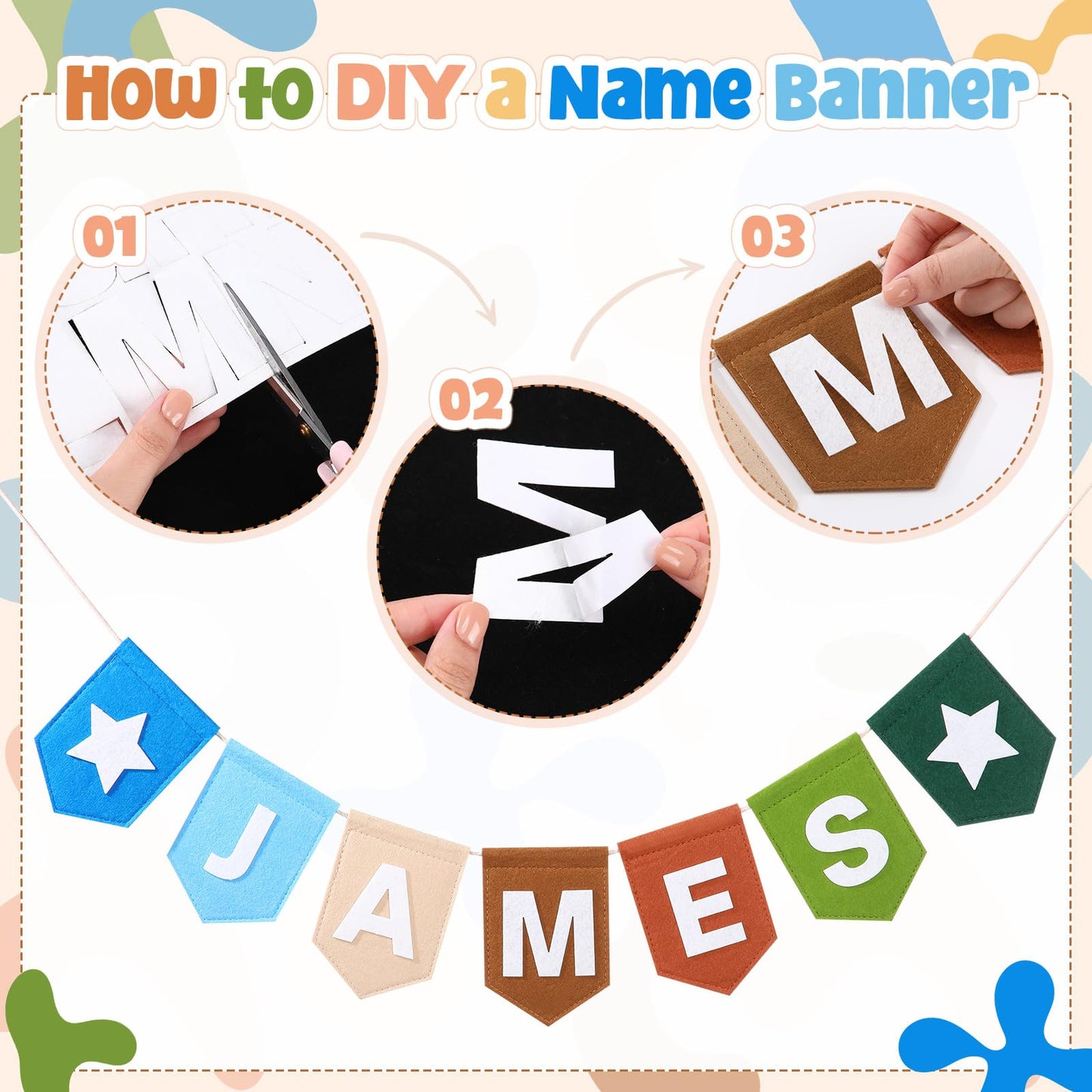 Newwiee Personalized Baby Name Banner Custom Letters Banner Name Felt Bunting DIY Felt Letters Banners for Nursery, Playroom, Occasion, Charming Wall Decoration for Baby Shower