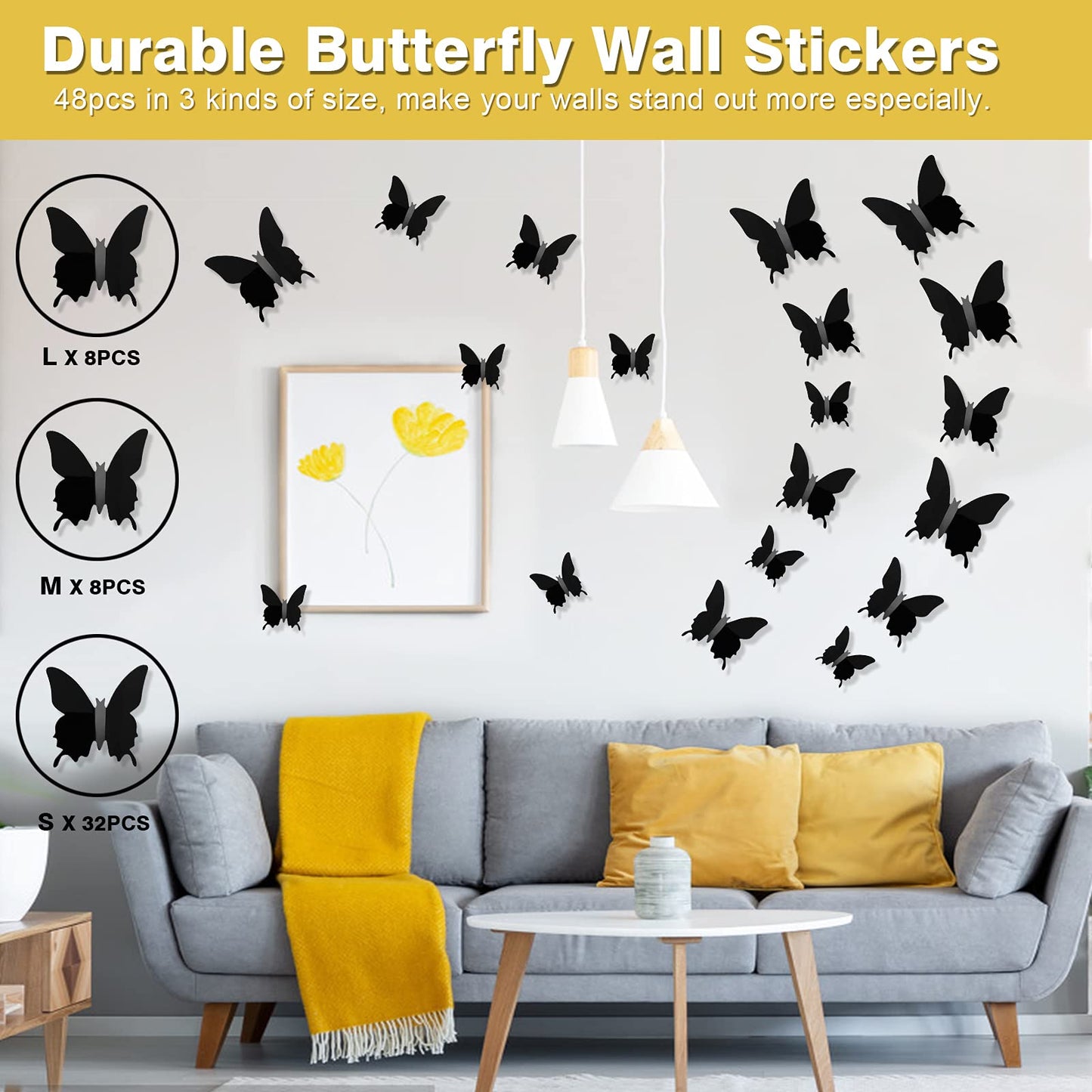 Ryangic 3D Butterfly Wall Decor 48pcs Black Polished Stickers 3 Sizes Durable Butterfly Decals DIY Wall Art for Bedroom Living Room Halloween Decoration Party Indoor (Black)