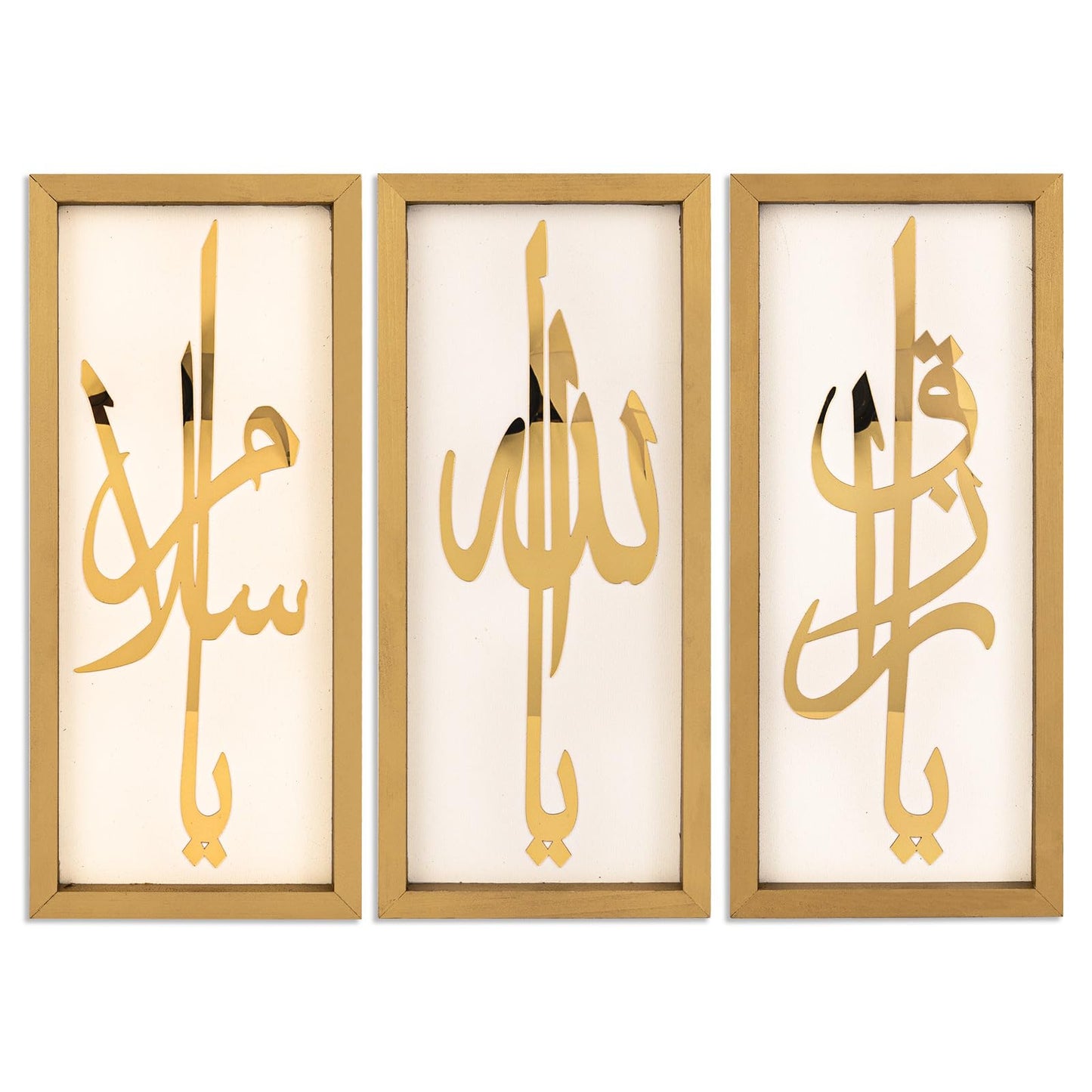 flangairy Set of 3 Islamic Wall Art, 15.7×7.1 Inch Gold Acrylic Arabic Calligraphy Allah Muhammad Ali Wooden Muslim Wall Decor, Eid Ramadan Living Room Bedroom Decorations for Home, Housewarming Gift
