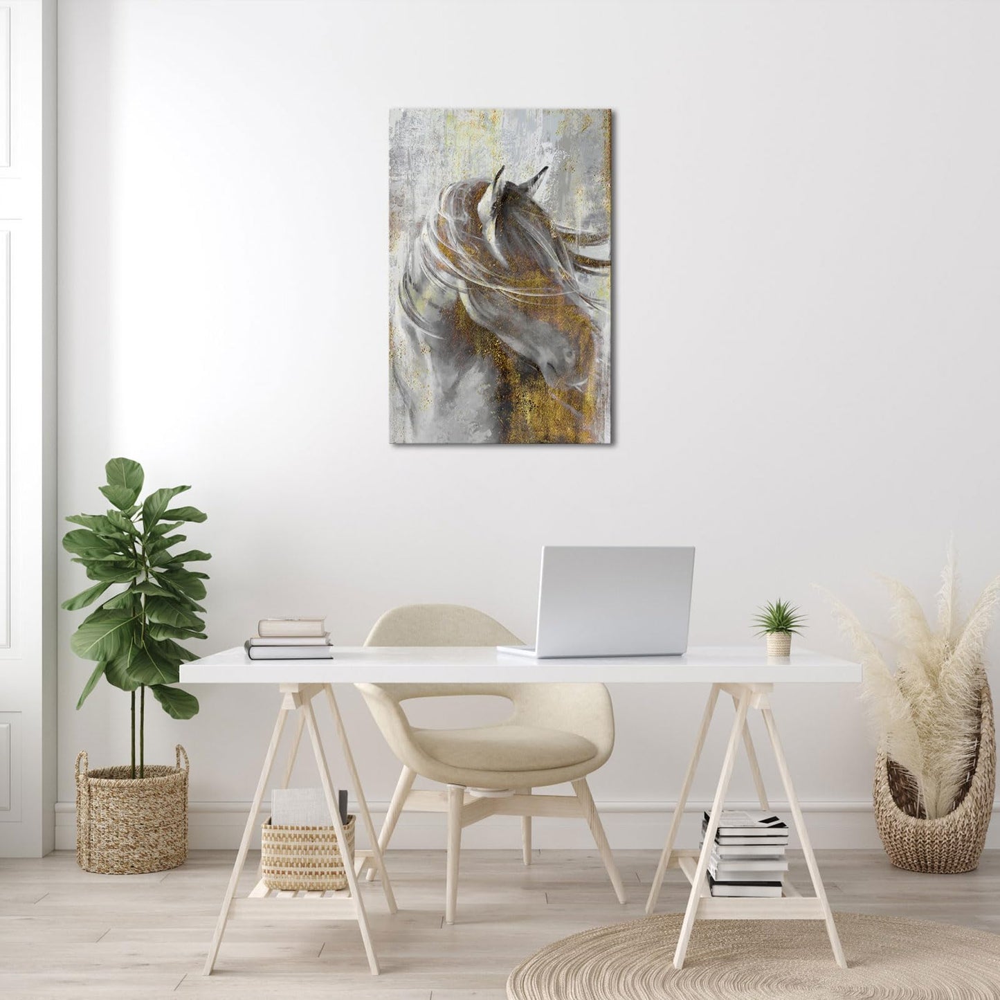 LoveHouse Horse Wall Art Abstract Gold Grey Horse Canvas Paintings Modern Horse Wall Decor for Living Room Bedroom Office Framed 24"x36"