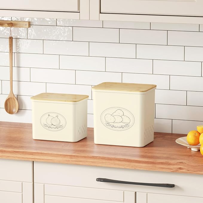 Lifewit Onion and Potato Storage Bin with Aerating Holes and Lid, Stackable Garlic Keeper, Plastic Vegetable Container Box for Kitchen, Beige, Set of 2