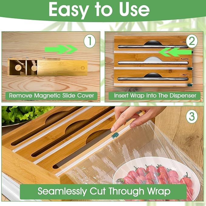 3-in-1 Bamboo Wrap Organizer with Cutters, Labels, Interior Holders, Anti-Slip Pads - Kitchen Drawer, Pantry, Storage for Plastic Wrap, Aluminum Foil, Wax Paper, Kitchen Storage, 12" Roll Holder