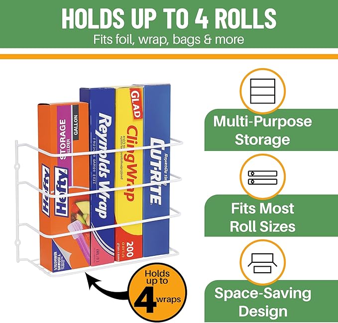 Evelots Kitchen Wrap Organizer - 4 Pack - Hold up to 4 Plastic, Foil, Paper, Wax - Cabinet Door, Wall Rack Basket - Sandwich, Freezer, Food Bag Storage - Laundry Supplies - Plastic Coated Metal