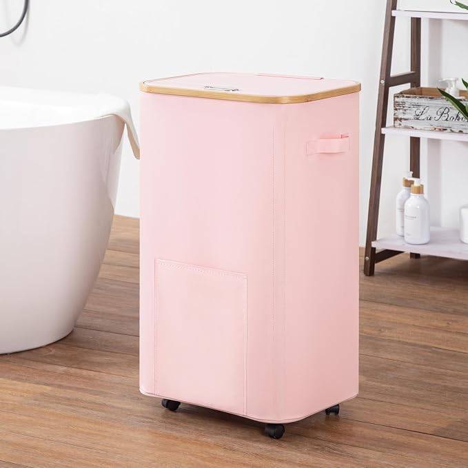 Vincona Laundry Basket with Wheels, Tall Dirty Clothes Hamper on Wheels, Rolling Laundry Hamper with lid for Dorm, Bedroom and Bathroom (Pink, 100L)