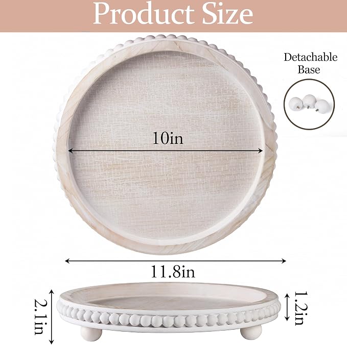Decorative Coffee Table Tray, 12 Inch White Washed Wooden Beaded Tray with Removable Legs, Rustic Farmhouse Centerpiece Tray for Living Room, Kitchen Counter Decor