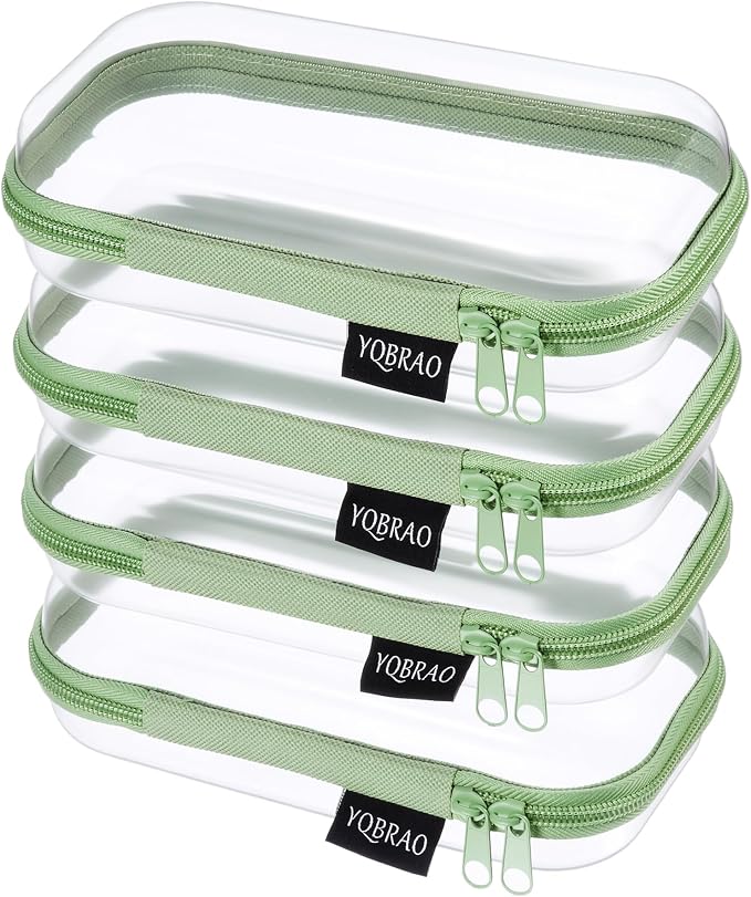 YQBRAO 4-Pack Clear Hard Shell Zipper Case, 1.2mm Ultra-Thick Diaper Bag Organizer Pouches, Rigid Self-Standing Travel Makeup Bags with YKK Zippers, TSA Approved, Green