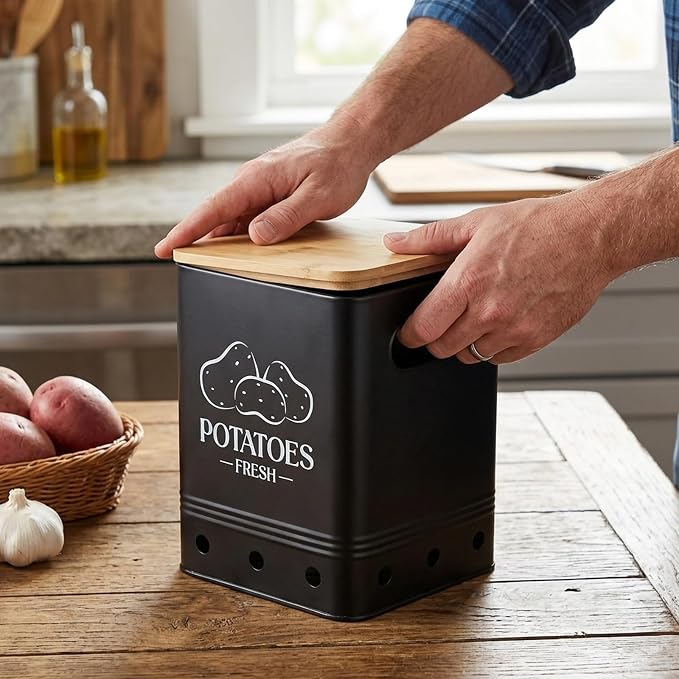 Simcat Kitchen Vegetable Storage Tins Set of 3, Potato Onion Garlic Kitchen Storage Canisters, Vegetable bin Keeper Containers with Aerating Holes and Wooden Lid (Black 1)